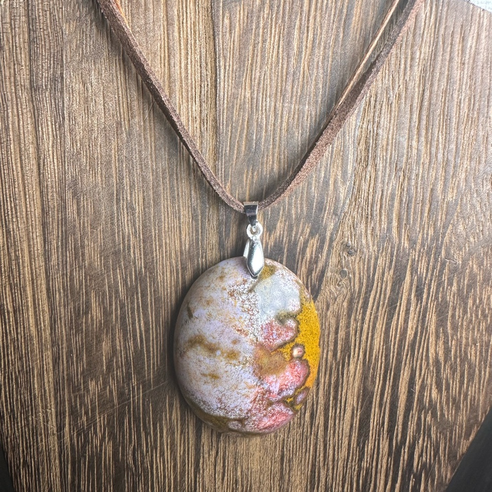 Ocean Jasper Oval Pendant Necklace on Brown Faux Suede - Picture 4 of 15